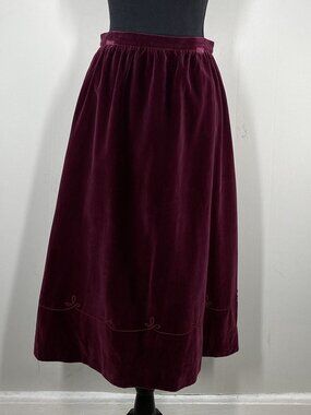 Vintage 70s The Villager Velvet A-Line Midi Skirt Women's 14 Maroon VTG